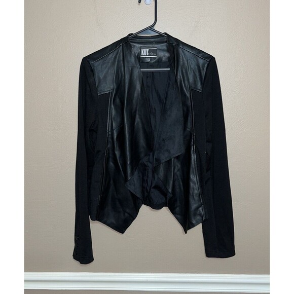 Women’s Kut from the Kloth black faux leather open front moto jacket casual fall - Picture 2 of 8